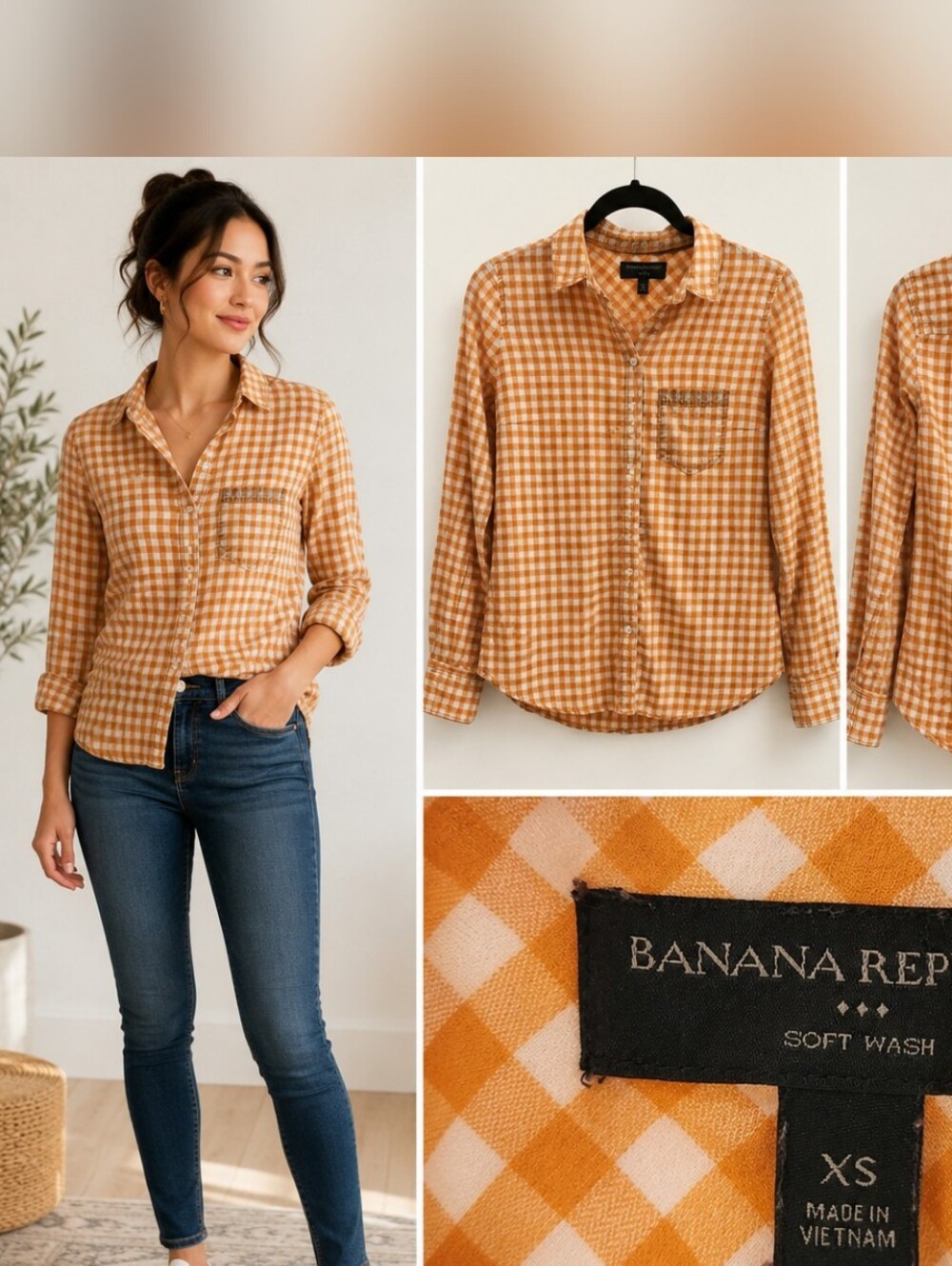 Banana Republic Gingham Button-Up Shirt in Mustard & White